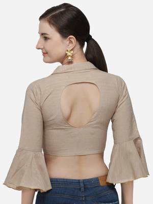 Women'S Printed Beige Phantom Silk Blouse With Collared Neck 2