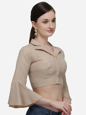 Women'S Printed Beige Phantom Silk Blouse With Collared Neck 3