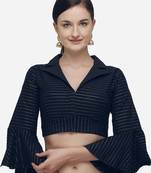 Women's Printed Navy Blue Phantom Silk Blouse With Collared Neck