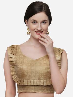 Women's Printed Beige Jacquard Blouse With V Neck 1