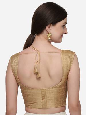 Women's Printed Beige Jacquard Blouse With V Neck 2