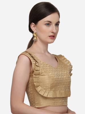 Women's Printed Beige Jacquard Blouse With V Neck 3