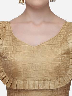 Women's Printed Beige Jacquard Blouse With V Neck 4