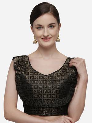 Women's Printed Black Jacquard Blouse With V Neck 1