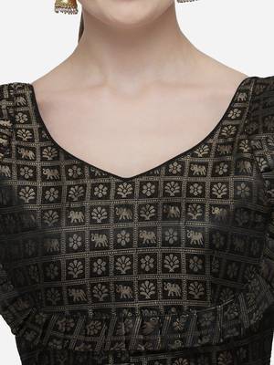 Women's Printed Black Jacquard Blouse With V Neck 4