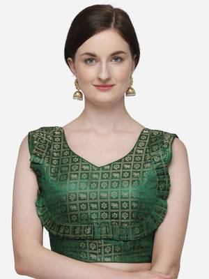 Women's Printed Green Jacquard Blouse With V Neck 1