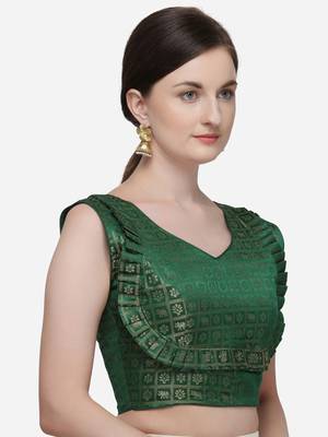 Women's Printed Green Jacquard Blouse With V Neck 3