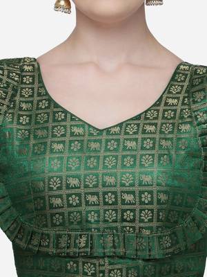 Women's Printed Green Jacquard Blouse With V Neck 4