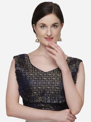 Women'S Printed Navy Blue Jacquard Blouse With V Neck 1