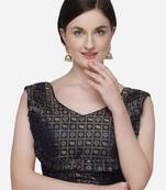 Women'S Printed Navy Blue Jacquard Blouse With V Neck