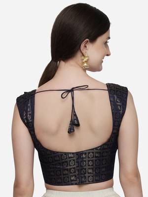 Women'S Printed Navy Blue Jacquard Blouse With V Neck 2