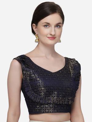 Women'S Printed Navy Blue Jacquard Blouse With V Neck 3