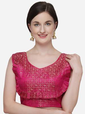 Women's Printed Pink Jacquard Blouse With V Neck 1