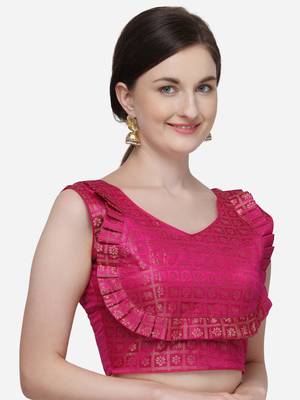 Women's Printed Pink Jacquard Blouse With V Neck 3