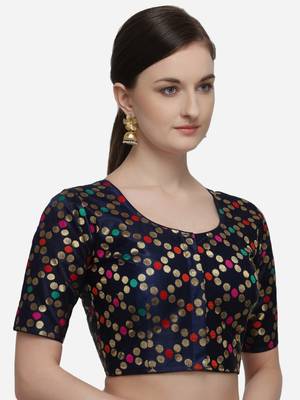 Women's Printed Blue Jacquard Blouse With Round Neck 3