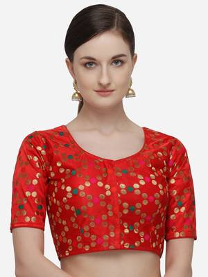 Women's Printed Red Jacquard Blouse With Round Neck 1
