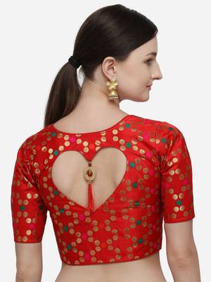 Women's Printed Red Jacquard Blouse With Round Neck 2