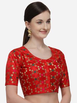 Women's Printed Red Jacquard Blouse With Round Neck 3