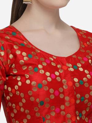 Women's Printed Red Jacquard Blouse With Round Neck 4