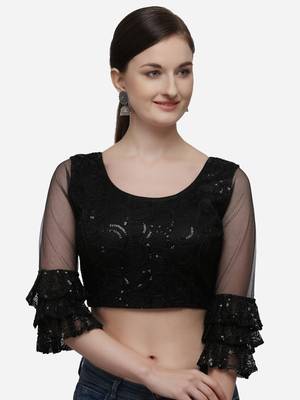 Women's Embroidered Black Net Blouse With Round Neck 1