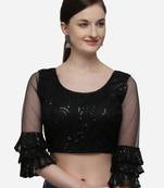 Women's Embroidered Black Net Blouse With Round Neck