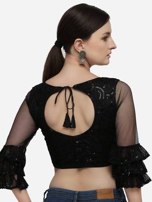 Women's Embroidered Black Net Blouse With Round Neck 2