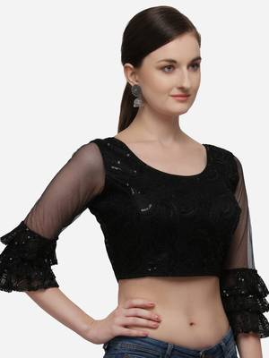 Women's Embroidered Black Net Blouse With Round Neck 3