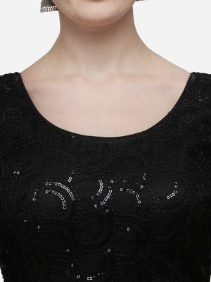 Women's Embroidered Black Net Blouse With Round Neck 4