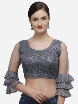 Women's Embroidered Grey Net Blouse With Round Neck 1