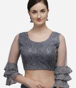 Women's Embroidered Grey Net Blouse With Round Neck