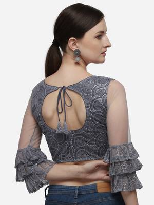 Women's Embroidered Grey Net Blouse With Round Neck 2