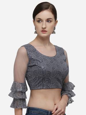 Women's Embroidered Grey Net Blouse With Round Neck 3