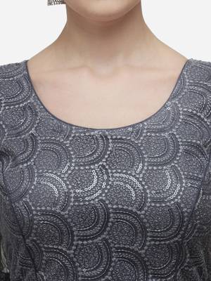 Women's Embroidered Grey Net Blouse With Round Neck 4