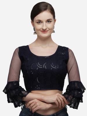 Women's Embroidered Navy_Blue Net Blouse With Round Neck 1