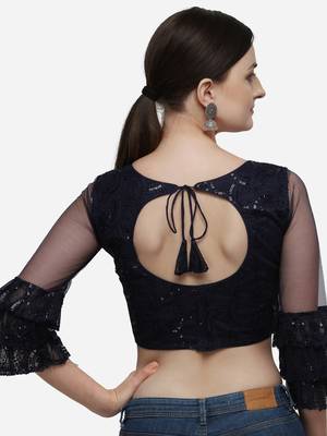 Women's Embroidered Navy_Blue Net Blouse With Round Neck 2