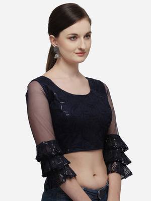 Women's Embroidered Navy_Blue Net Blouse With Round Neck 3