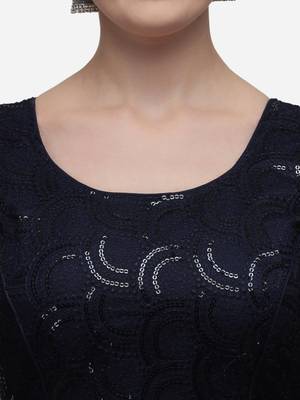 Women's Embroidered Navy_Blue Net Blouse With Round Neck 4