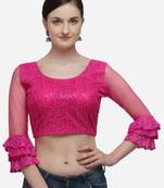 Women's Embroidered Pink Net Blouse With Round Neck