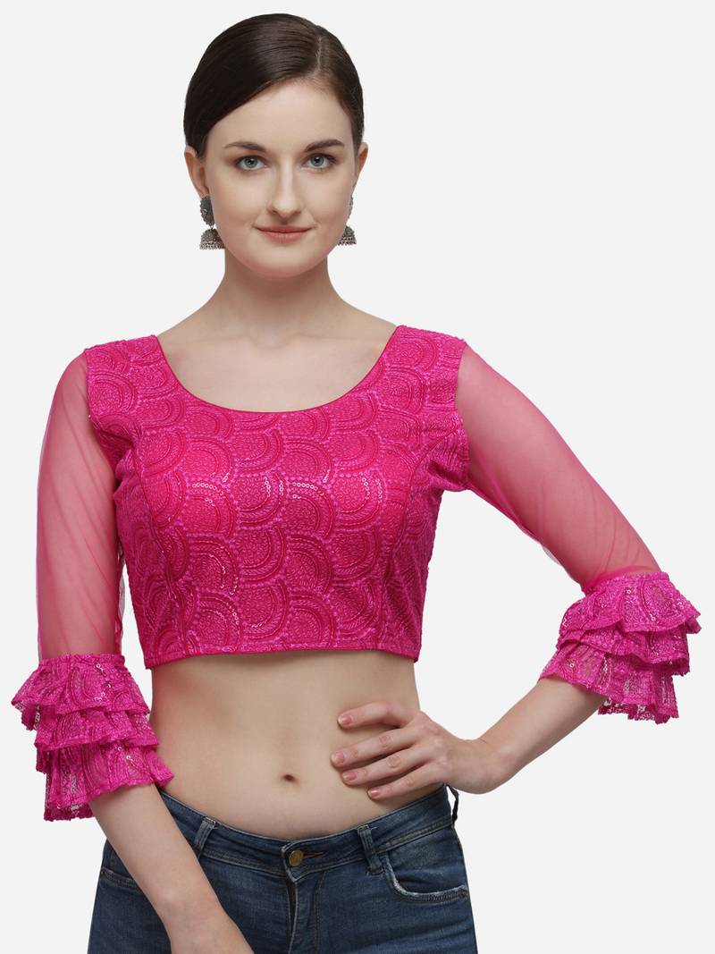 Women's Embroidered Pink Net Blouse With Round Neck