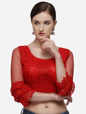 Women's Embroidered Red Net Blouse With Round Neck 1