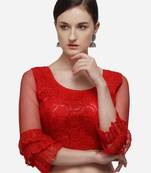 Women's Embroidered Red Net Blouse With Round Neck