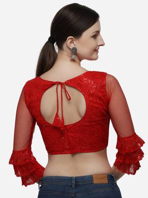 Women's Embroidered Red Net Blouse With Round Neck 2