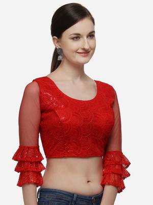 Women's Embroidered Red Net Blouse With Round Neck 3
