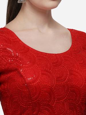 Women's Embroidered Red Net Blouse With Round Neck 4