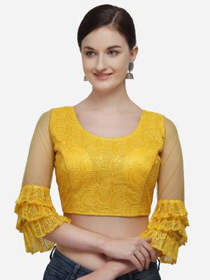 Women's Embroidered Yellow Net Blouse With Round Neck 1