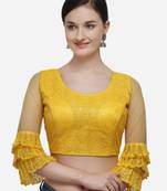 Women's Embroidered Yellow Net Blouse With Round Neck