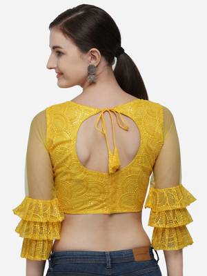 Women's Embroidered Yellow Net Blouse With Round Neck 2