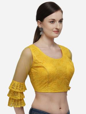 Women's Embroidered Yellow Net Blouse With Round Neck 3