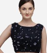 Women's Sequences Navy_Blue Silk Blouse With Boat Neck