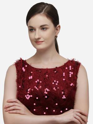 Women's Sequences Red Silk Blouse With Boat Neck 1